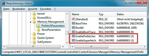 Registry konfigurieren: Tragen Sie bei „EnablePrefetcher“ und „EnableSuperfetch“ jeweils den Wert 3 ein, um das Prefetching von Windows 7 zu aktivieren.