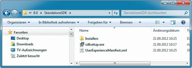 Tools installieren: Wenn Sie das Windows SDK heruntergeladen haben, dann finden Sie die Setup-Dateien im Ordner „C:\Benutzer\<Ihr Benutzername>\Downloads\Windows Kits\8.0\StandaloneSDK“.