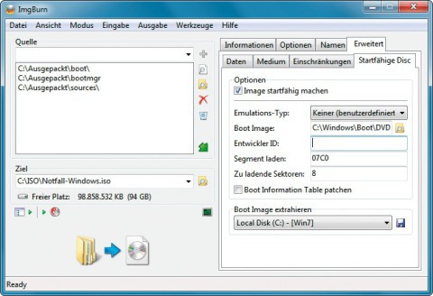ISO-Image erstellen: Das Tool Imgburn macht aus den Dateien des Systemreparaturdatenträgers, dem Sie die Treiber hinzugefügt haben, ein ISO-Image für DVD oder USB-Stick.