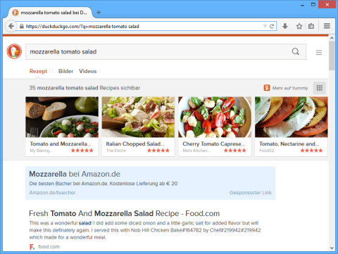 Für Hobbyköche: Eine der neuen Funktionen zeigt Ihnen in den Suchergebnissen Rezepte an. Wenn Sie zum Beispiel nach Tomaten-Mozzarella-Salat suchen, dann erscheinen als erstes entsprechende Kochvorschläge.