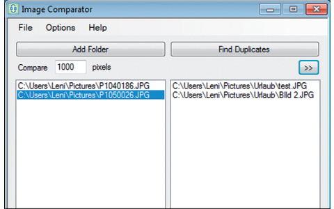 Image Comparator - Image Comparator sucht doppelte Bilddateien auf dem PC und entfernt sie auf Wunsch. Dabei unterstützt das Programm die Formate JPG, BMP, PNG, GIF, TIFF und ICO. Zudem lässt sich eine kleine Bildvorschau der Suchergebnisse einblenden, um