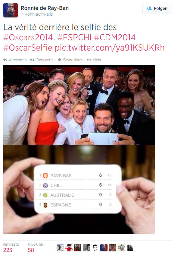 Schadenfreude pur: Auf Twitter verrät  Ronnie de Ray-Ban die Wahrheit zum erfolgreichsten Selfie aller Zeiten.