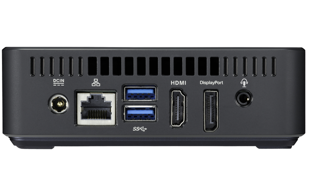 Asus Chromebox - Auf der Rückseite des Mini-PCs stehen zwei weitere USB-3.0-Ports zur Verfügung. Zudem finden sich hier Ports für HDMI und Ethernet-Netzwerk (RJ45), der Anschlüsse für Monitor, Mikrofon  und Kopfhörer sowie die Buchse für das externe 65-Wa