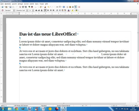 Verbesserte Lesbarkeit: Hellblaue statt schwarze Steuerzeichen heben sich in LibreOffice besser vom schwarzen Text ab. 