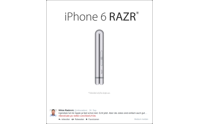 Wozu eine Smartphone-Hülle, fragt sich bestimmt Milos-Radovic. Auf Twitter treibt er den Spaß auf die Spitze und macht das iPhone 6 Plus zum Klapphandy-Clone eines Motorola Razr.