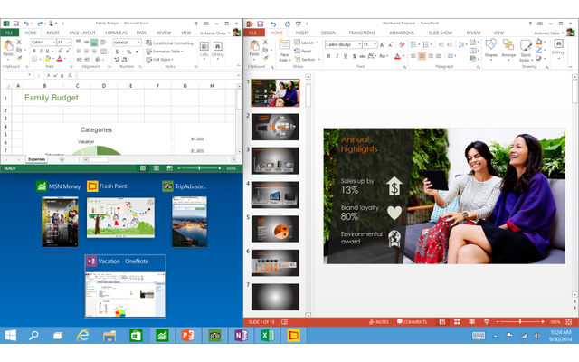 Erweiterte Bildschirmaufteilung: Freunde von Multitasking können im neuen Windows 10 nun bis zu 4 Apps automatisch auf dem Desktop anheften lassen.