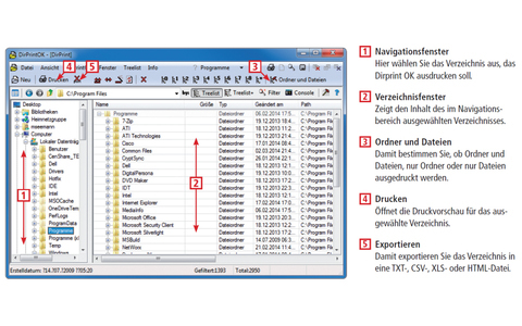 Dirprint OK: Das Tool DirPrintOK erlaubt das Drucken von Verzeichnisinhalte und Verzeichnisstrukturen von Windows-Systemen. Alternativ ist auch der Export in verschiedenen Formaten möglich.