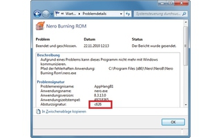 Zuverlässigkeitsüberwachung: In den Fehlerdetails finden Sie nützliche Hinweise wie die Absturzsignatur — hier „c626“. Eine gezielte Suche danach im Internet bringt häufig eine Lösung (Bild 3).