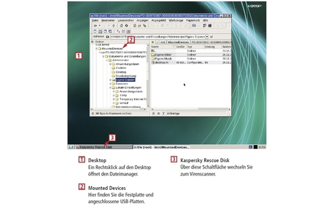 Die Kaspersky Rescue Disk sucht nicht nur nach Viren, sondern sichert auch Ihre Dateien. Sie basiert zwar auf Linux, lässt sich aber fast wie ein Windows-Programm bedienen (Bild 3).