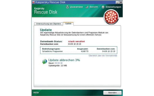 Kaspersky Rescue Disk 10: Sie sollten vor dem Virencheck auf jeden Fall die Virensignaturen aktualisieren (Bild 4).