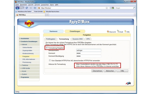 Fernzugriff auf Fritzbox erlauben: Damit Sie via Web auf die Fritzbox-Oberfläche zugreifen können, aktivieren Sie „Fernwartung freigeben“. Unten sehen Sie, unter welcher Adresse die Fritzbox erreichbar ist (Bild 10).