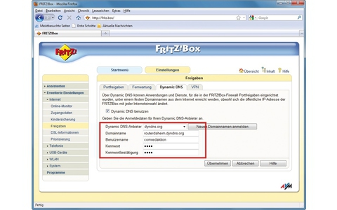 Fritzbox konfigurieren: Hier stellen Sie die Fritzbox so ein, dass die Box die täglich wechselnde IP-Adresse immer wieder neu an Dyndns.com meldet. Das ist notwendig für den Fernzugriff (Bild 9).