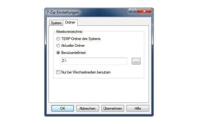 Schneller packen:Wenn Sie das „Temp“-Verzeichnis auf die RAM-Disk verlegen, arbeitet 7-Zip schneller (Bild 7).
