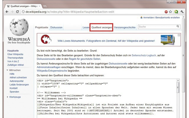 Von anderen lernen: Sie können bei jedem Mediawiki über „Quelltext anzeigen“ sehen, wie die Seite aufgebaut wurde. Die Gestaltung erfolgt in der Regel mit einer Mischung aus HTML, CSS und Wikitext (Bild 6).