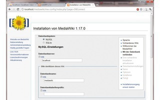 Mediawiki-Installation: Ein webbasierter Assistent führt durch die Installation und fragt etwa die Datenbankzugangsdaten (Bild 2).