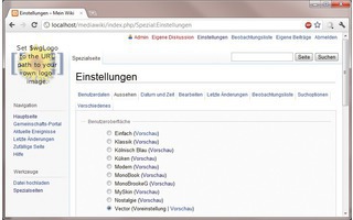 Skin ausprobieren: Über „Einstellungen, Aussehen“ lassen sich die installierten Skins testen. Klicken Sie hier auf „Vorschau“. Den Standard-Skin des Wikis legen Sie in der Datei „LocalSettings.php“ fest (Bild 5).