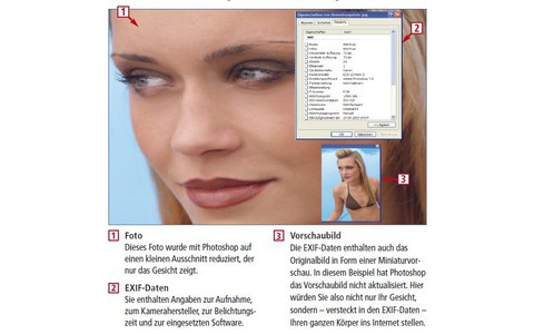 Die EXIF-Daten eines Bildes enthalten viele Metainfos zur Aufnahme. Ein Rechtsklick auf die Bilddatei und „Eigenschaften, Dateiinfo“ zeigt die EXIF-Daten an (Bild 3).