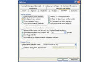 Microsoft Word 2003: Deaktivieren Sie im Bereich „Speicheroptionen die Schnellspeicherung. Dann lassen sich gelöschte Textpassagen nicht mehr auslesen (Bild 2).