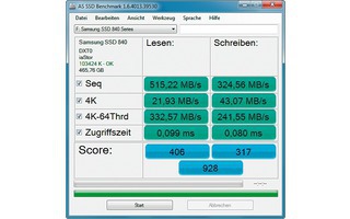 Benchmark-Test mit AS SSD 1.6.4013: Die SSD erreichte beeindruckende 515 MByte/s beim Lesen und 325 MByte/s beim sequenziellen Schreiben (Bild 2).