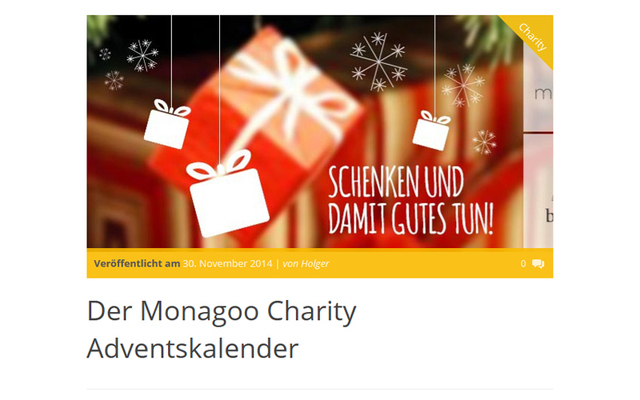 "Schenken und damit Gutes tun" verspricht auch Monagoo.com mit seinem Adventskalender. Der Nachhaltigkeits-Webshop stellt bis zum 24. Dezember jeden Tag eine andere Wohltätigkeitsorganisation auf Facebook vor. 