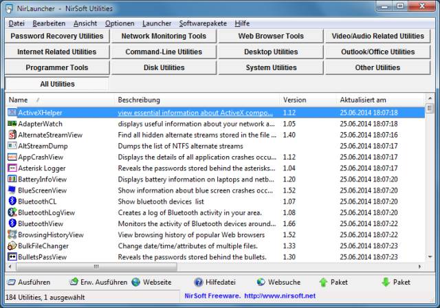 NirLauncher: Das Paket enthält 184 portable Admin-Tools – sortiert in zwölf Kategorien.