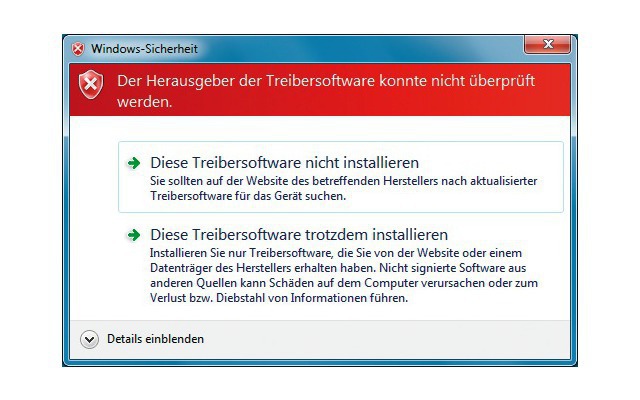 Windows-Sicherheit: Windows warnt Sie vor der Installation des Treibers, weil er nicht signiert ist (Bild 6).