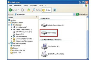 USB-Stick als Festplatte: Das Laufwerk „E:“ ist in Wirklichkeit ein USB-Stick. Dank eines speziellen Treibers behandelt Windows ihn aber als Festplatte und nicht als „Gerät mit Wechselmedium“ (Bild 1).