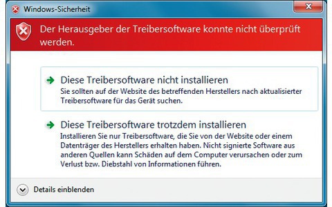 Windows-Sicherheit: Windows warnt Sie vor der Installation des Treibers, weil er nicht signiert ist (Bild 6).