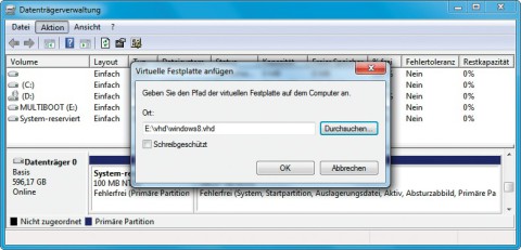 VHD-Datei mounten: In der Datenträgerverwaltung von Windows binden Sie die VHD-Datei, in der Windows 8 installiert ist, als Laufwerk ein.