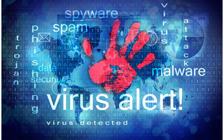 Virus Alarm mit Weltkarte und Handabdruck