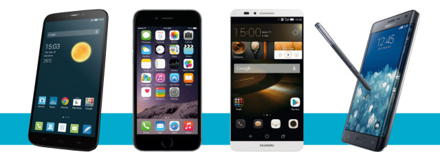 Die Testkandidaten: Alcatel One Touch Hero 2, Apple iPhone 6 plus, Huawei Ascend Mate 7 und Galaxy Note Edge (v.l.n.r.)