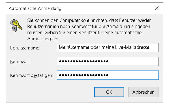 Im Fenster "Automatische Anmeldung" geben Sie für den automatische Windows-10-Login den Benutzernamen ein sowie zweimal das Passwort. Bestätigen Sie anschließend alle geöffneten Fenster mit "OK" beziehungsweise "Ja". 