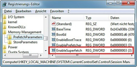 Superfetch: Setzen Sie den Wert dieses Eintrags auf 3, damit Windows eine „Prefetch“-Datei anlegt. Dadurch startet der PC schneller (Bild 7).