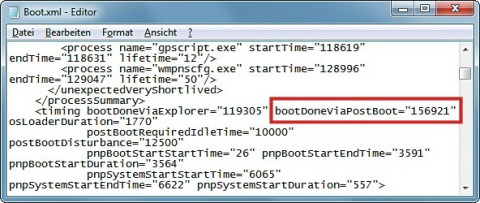 Startzeit ermitteln: Die Datei „Boot.xml“ zeigt hinter „bootDoneViaPostBoot“ die exakte Startzeit Ihres PCs in Millisekunden an (Bild 3).