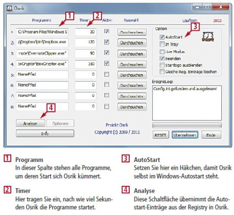 So geht’s: Osrik 1.4.1.1
Osrik 1.4.1.1 verzögert erst einmal den Start von Programmen und entlastet so den Boot- Vorgang von Windows (kostenlos, www.osrik.org) (Bild 6).