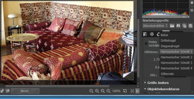 Bildausschnitt optimieren: Die Werkzeuge von Raw Therapee 4.0 peppen Ihre Fotos auf. Hier blendet das Programm Hilfslinien für einen optimalen Bildausschnitt ein.