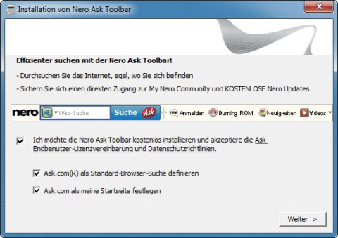 Toolbars im Browser: Viele Gratis-Programme installieren ungefragt eine Toolbar — wie hier Nero Kwik Media, das die Nero Ask Toolbar installieren will. Die Installation müssen Sie ausdrücklich abwählen.