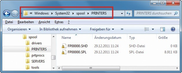 Nicht löschbarer Druckauftrag: Wenn sich Druckaufträge nicht entfernen lassen, dann löschen Sie in diesem Verzeichnis alle SHD- und SPL-Dateien.