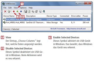 So geht’s: USB Deview: USB Deview zeigt sämtliche Informationen an, die zu einem USB-Gerät verfügbar sind (kostenlos, www.nirsoft.net/utils/usb_devices_view.html) (Bild 5).