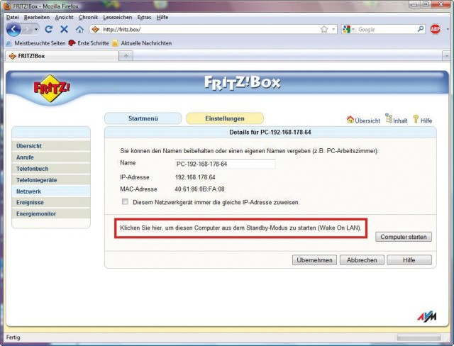 PC-Fernstart mit Fritzbox: Loggen Sie sich im Internet auf Ihrer Fritzbox ein. Sie erreichen sie über die Dyndns-Adresse, die Sie zuvor eingerichtet haben. Ein Klick auf „Computer starten“ fährt den PC hoch. Das geht auch, wenn der PC aus ist.