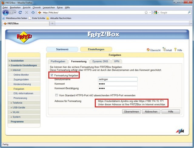 Fernzugriff auf Fritzbox erlauben: Damit Sie via Web auf die Fritzbox-Oberfläche zugreifen können, aktivieren Sie „Fernwartung freigeben“. Unten sehen Sie, unter welcher Adresse die Fritzbox erreichbar ist.