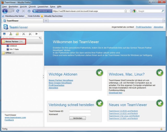 Teamviewer-Konto anlegen: Klicken Sie auf der Teamviewer-Webseite mit der rechten Maustaste auf diesen Eintrag und wählen Sie dann die Option „Neuen Partner hinzufügen“.