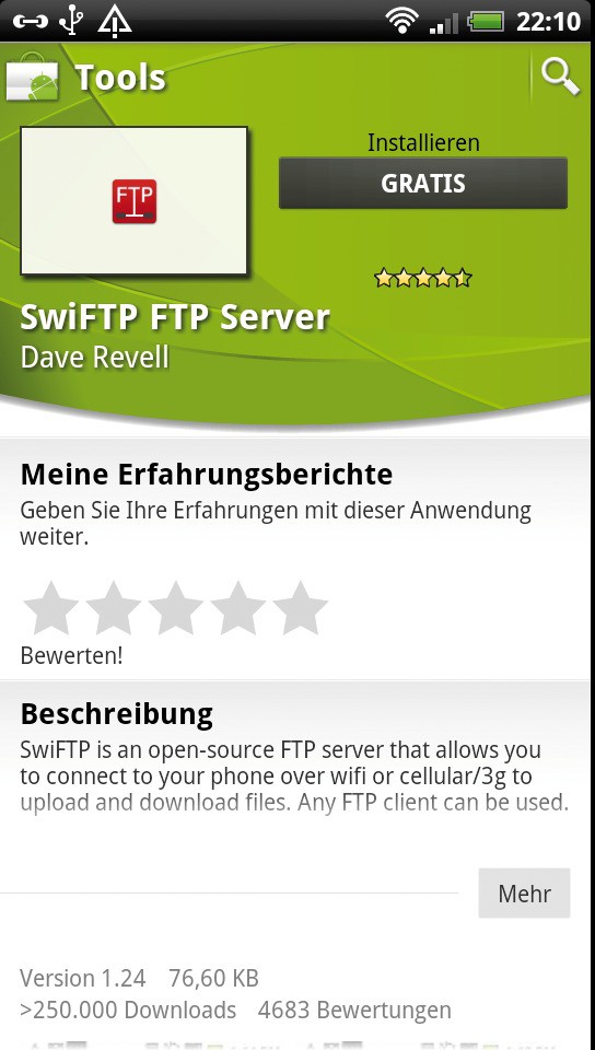 Installieren Sie die kostenlose App SwiFTP FTP Server aus dem Android Market.
