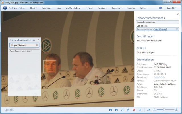 Windows Live Fotogalerie: Das Tool erkennt vollautomatisch Gesichter, hier das von Jürgen Klinsmann. Die Funktion lässt sich nutzen, um schnell alle Bilder mit einer bestimmten Person zu finden (Bild 4).
