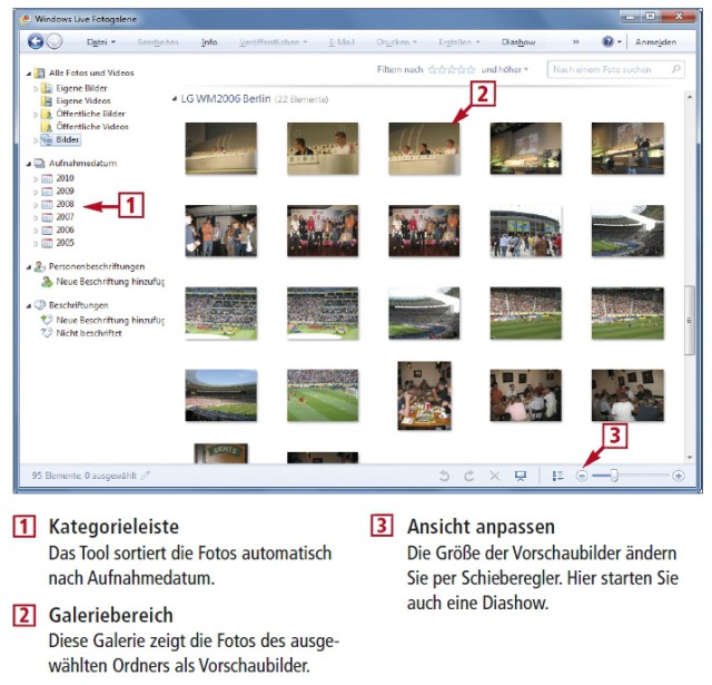 So geht’s: Die Windows Live Fotogalerie sortiert und verwaltet Ihre Fotos und Videos (kostenlos, http://essentials.live.com) (Bild 3).