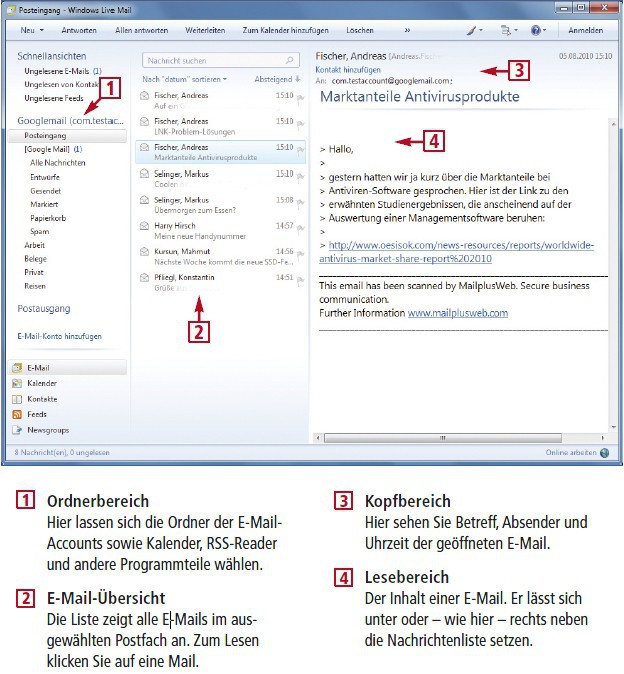 So geht’s: Windows Live Mail ist der deutlich verbesserte Nachfolger von Outlook Express (kostenlos, http://essentials.live.com). Das Programm wurde um eine Kalenderfunktion und einen RSS-Reader erweitert (Bild 2).