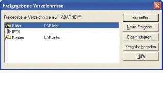 Freigaben im Überblick: Eine Funktion zeigt Ihnen unter Windows XP alle Netzwerkfreigaben an. Ein Klick auf die Schaltfläche „Freigabe beenden“ nimmt die Freigabe zurück (Bild 5).