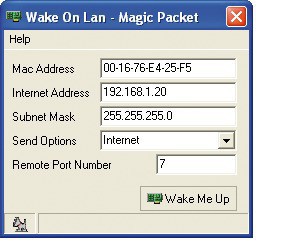 Booten über das Netzwerk: Das Tool WOL for Windows bootet den Rechner über das Netzwerk. Geben Sie hier die IP-Adresse, die Subnetzmaske und die MAC-Adresse ein (Bild 9).