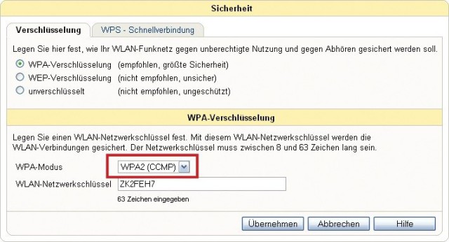 WLAN mit 300 MBit/s: Aktivieren Sie die WPA2-Verschlüsselung, wie in diesem Beispiel in der Fritzbox. Nur dann steht Ihnen bei 802.11n die volle Geschwindigkeit zur Verfügung (Bild 1).