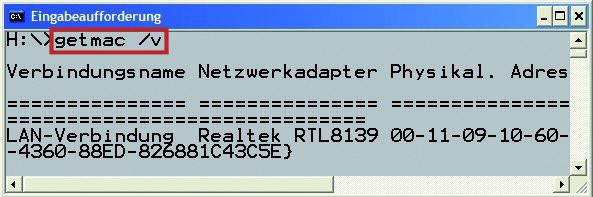 Getmac: Das Kommandozeilen-Tool zeigt die MAC-Adressen der angeschlossenen Netzwerkadapter an. So lässt sich ein MAC-Filter im WLAN-Router schnell konfigurieren (Bild 7).